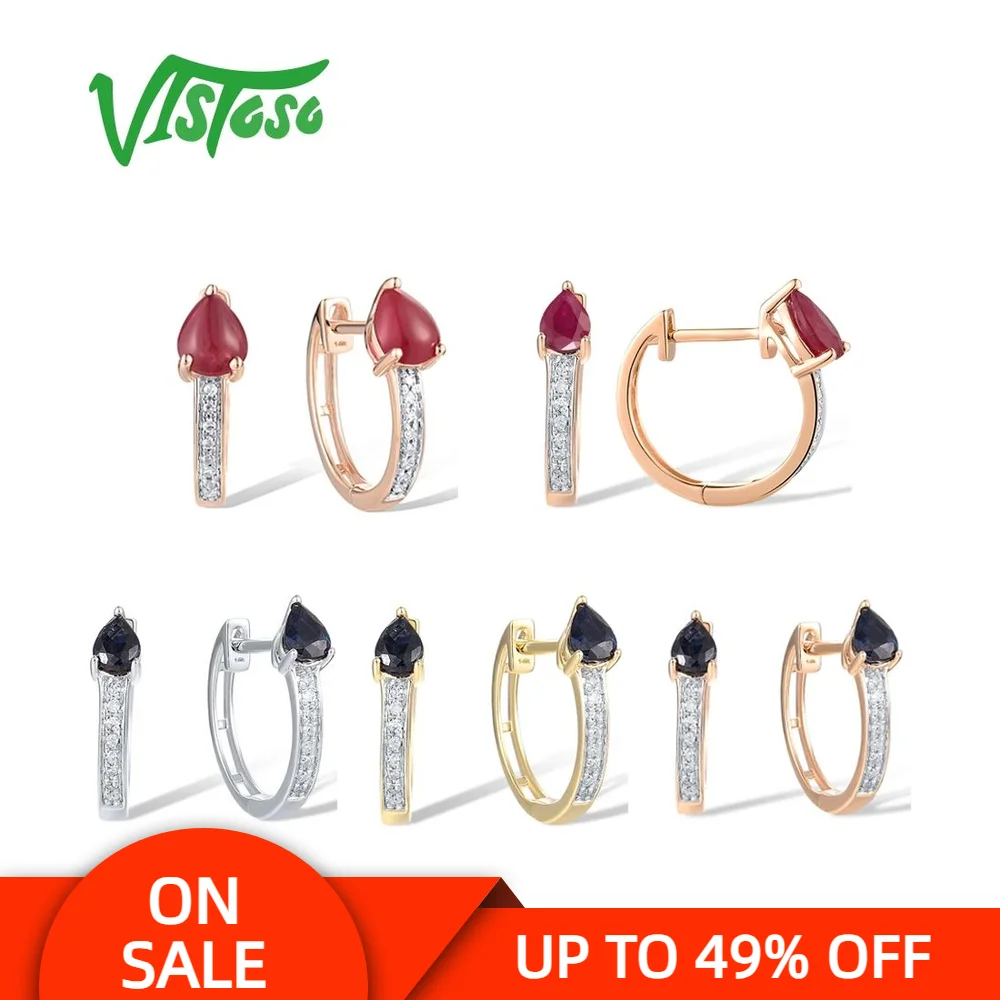 VISTOSO Pure 14K 585 Rose White Yellow Gold Earrings For Women Sparkling Diamond Blue Sapphire Ruby Hoop Delicate Fine Jewelry