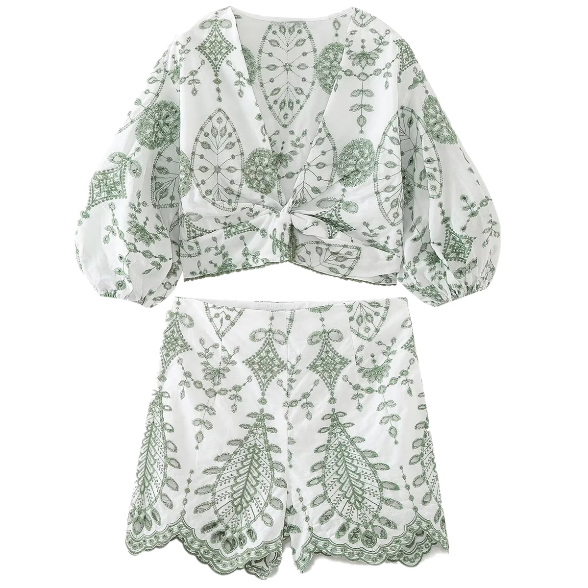 

Dave&Di Summer Moroccan Bohemian Cotton Leisure Suit Embroidery Hollow Holiday Shirt Shorts Set Women