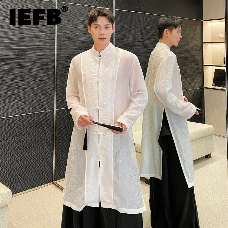 IEFB Chinese Style Men\'s Shirts Loose Knot Button Stand Collar Long Sleeve Solid Color Casual Male Clothing New Stylish 9C5473