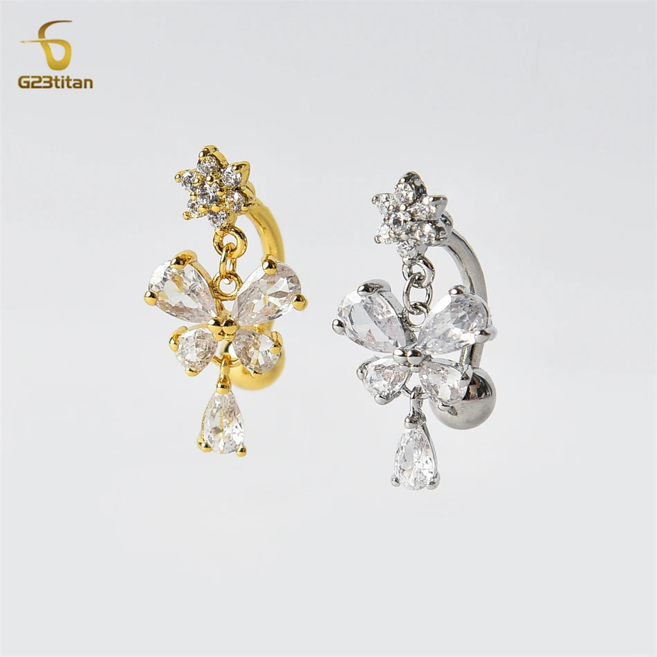 G23titan Bright White Crystal Butterfly Dangle Reverse Belly Ring 14G Stainless Steel Titanium Barbell Women Sexy Body Jewelry