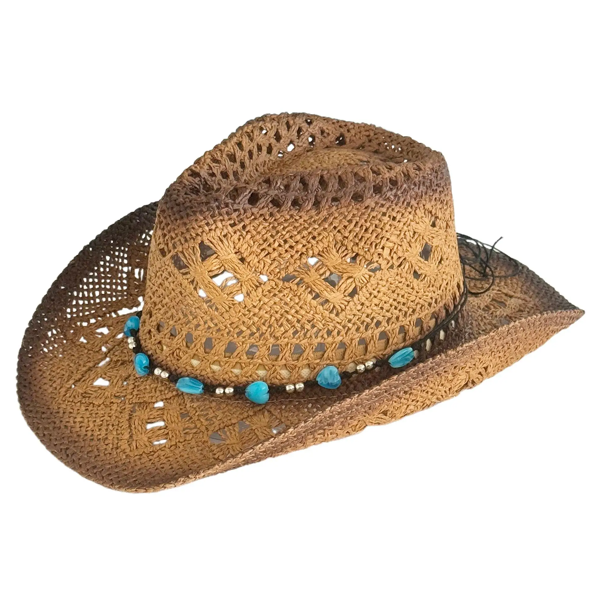 Women's Summer Beach Panama Hat, Ombre Gradient Crochet Straw Cowboy Sun Hat with Turquoise Beads, Hollow Out Wide Brim Western