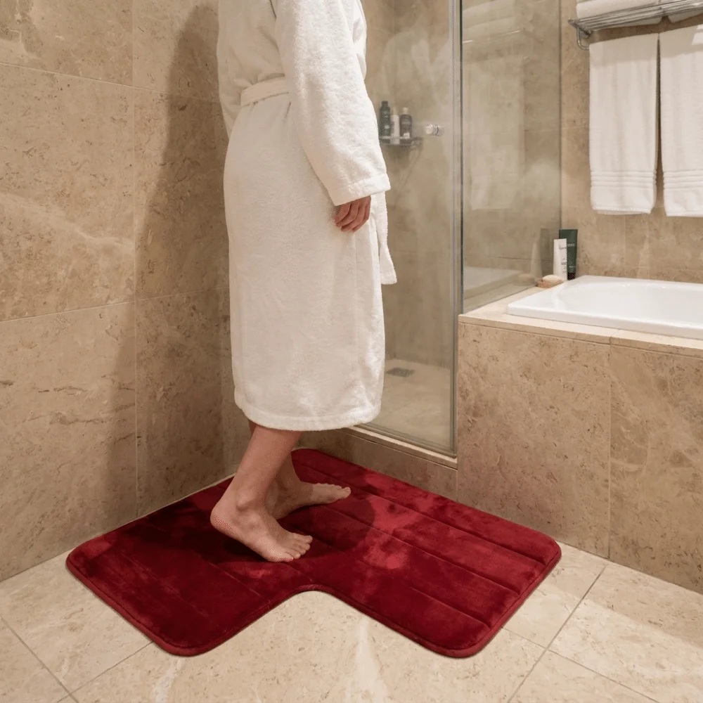 Simple Coral Velvet L-Shaped Bathroom Floor Mat Striped Wear-Resisting Absorbent Foot Mat Right Angle Shower Room Mat Bathroom