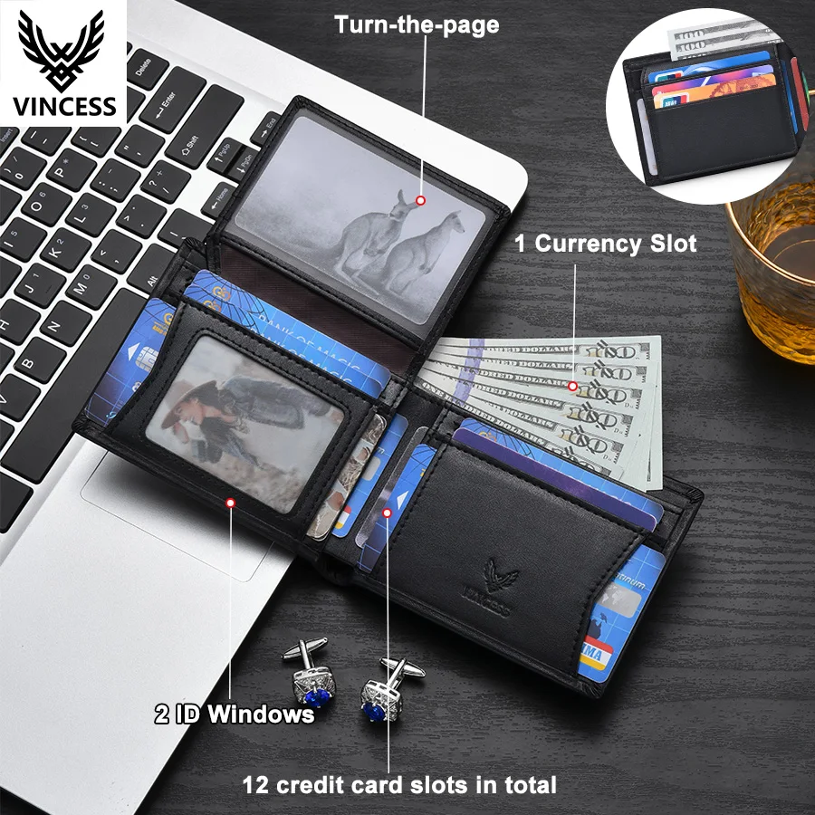 VINCESS Genuine Leather Man Wallet Large Capacity Credit Card Holder Male Purse Pocket RFID Wallet Coin High Quality Man Bag