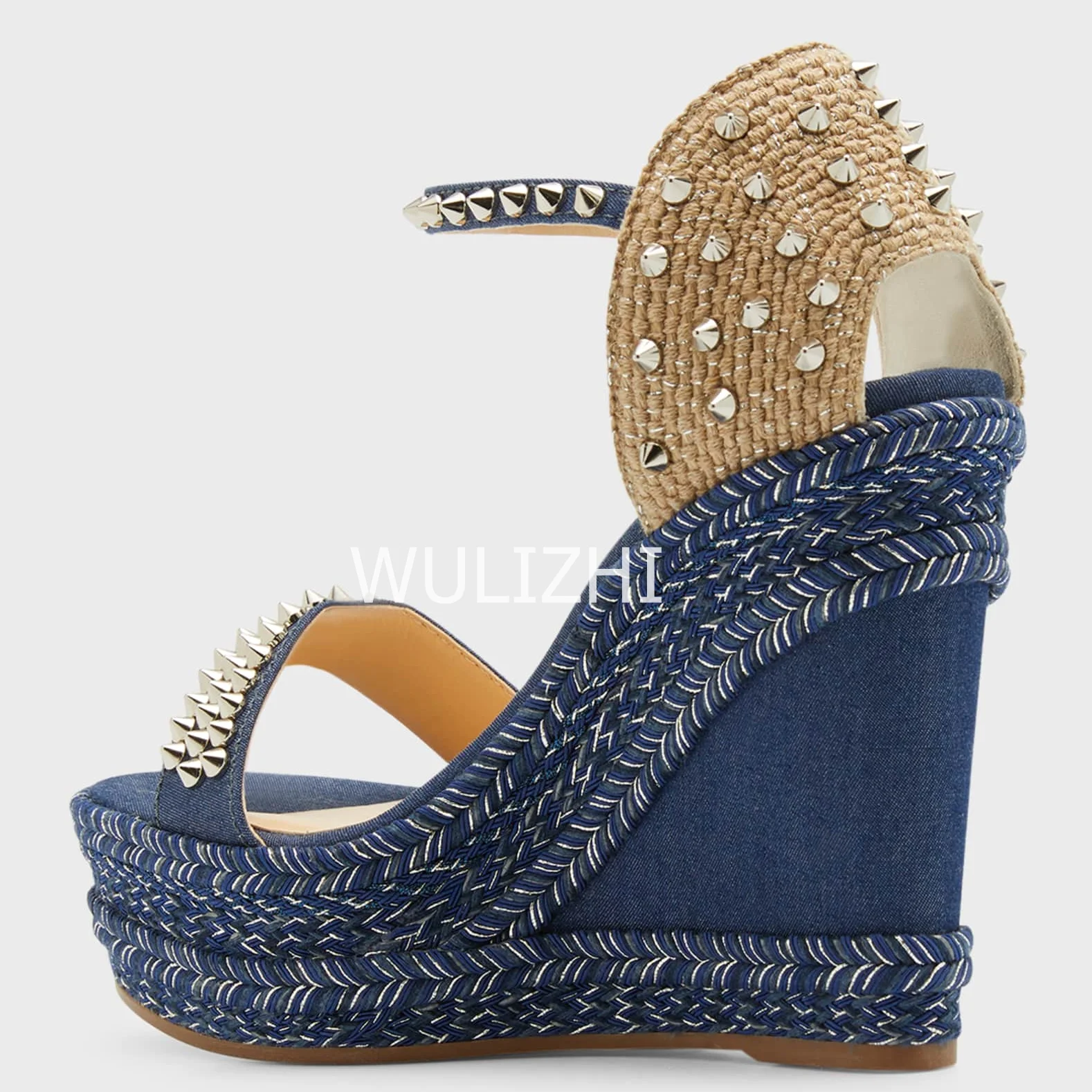 Women\'s Dark Black Blue Denim High Wedge Espadarille Metal Stud Heel Sandals Low Platform Mixed Colors Patchwork Appliques Shoes