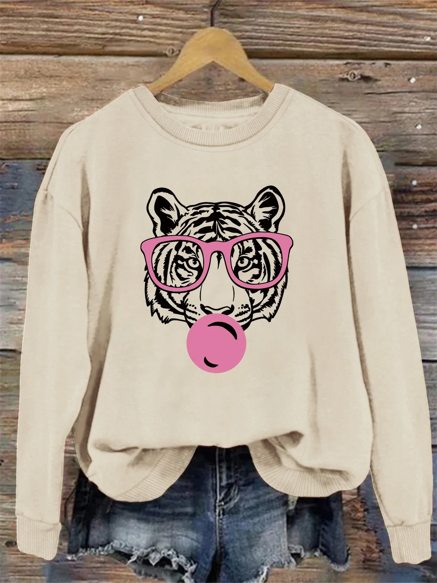 240g Thick Hoodie Tiger  Print Sweatshirt Crew Neck Casual Sweatshirt for Winter  Fall Women\'s Clothing