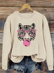 240g Thick Hoodie Tiger  Print Sweatshirt Crew Neck Casual Sweatshirt for Winter  Fall Women's Clothing