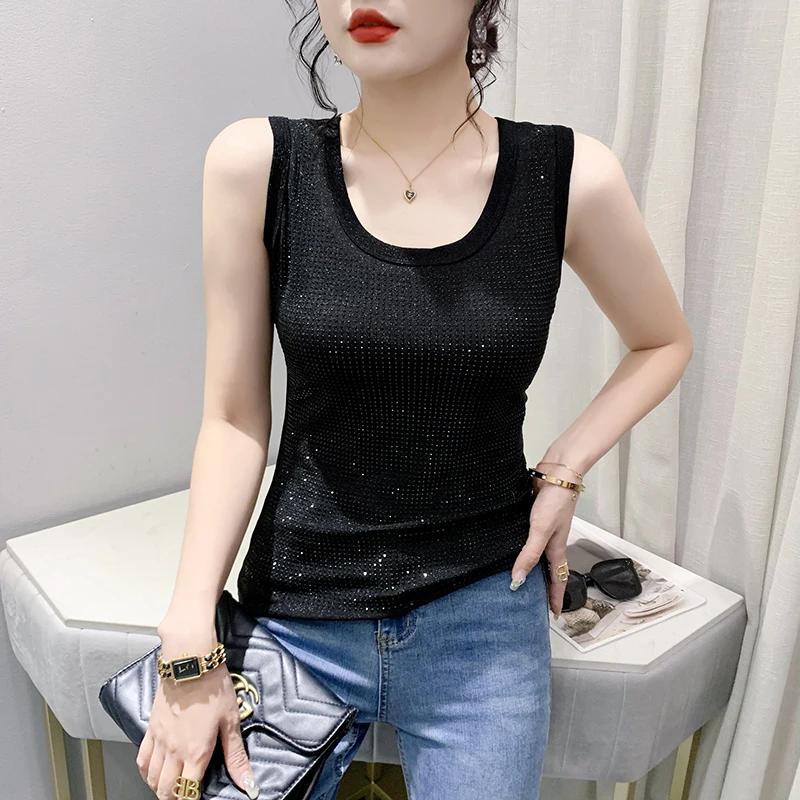 MadBlack Summer European Clothes Sleeveless Tank Tops Women Sexy Fashion Round Collar Full Drilling Slim Elastic Vests T34859M