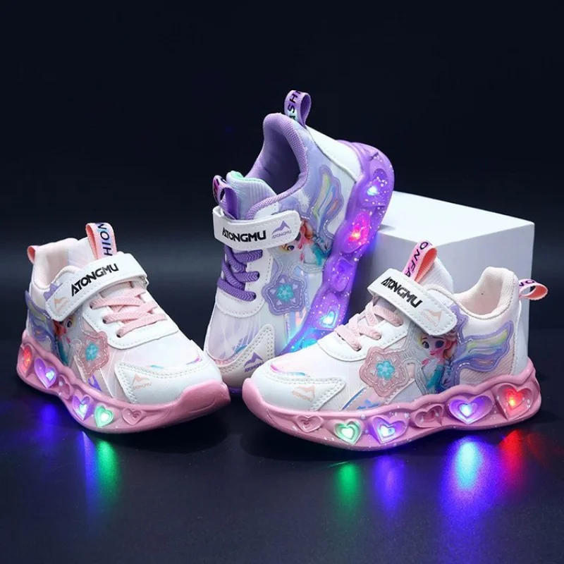 

Повседневная обувь, кроссовки из искусственной кожи, весенняя обувь с героями мультфильмов «Маленькая светодиодная эльза» для девочек, противоскользящая розовая обувь на липучке, размер 22-34