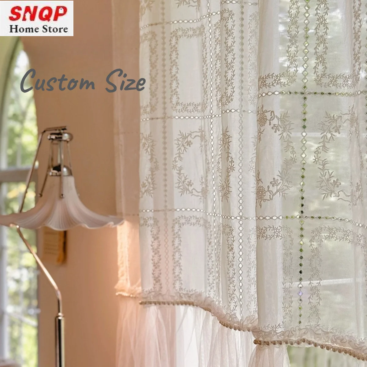 Relief Garden French Vintage Style Hollowed-out Heavy Embroidered Gauze Creamy Skirt Curtains for Living Dining Room Bedroom
