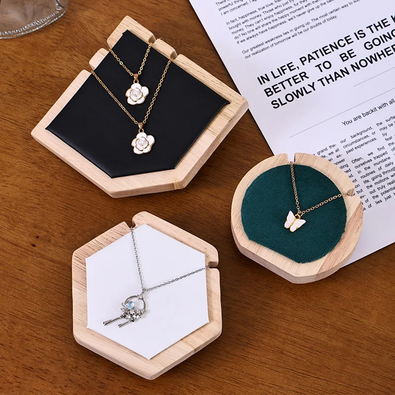 Polygon Solid Wood Jewelry Display Stand Velvet Pad Desktop Necklace Pendant Holder For Retail Shop Shooting Display Prop