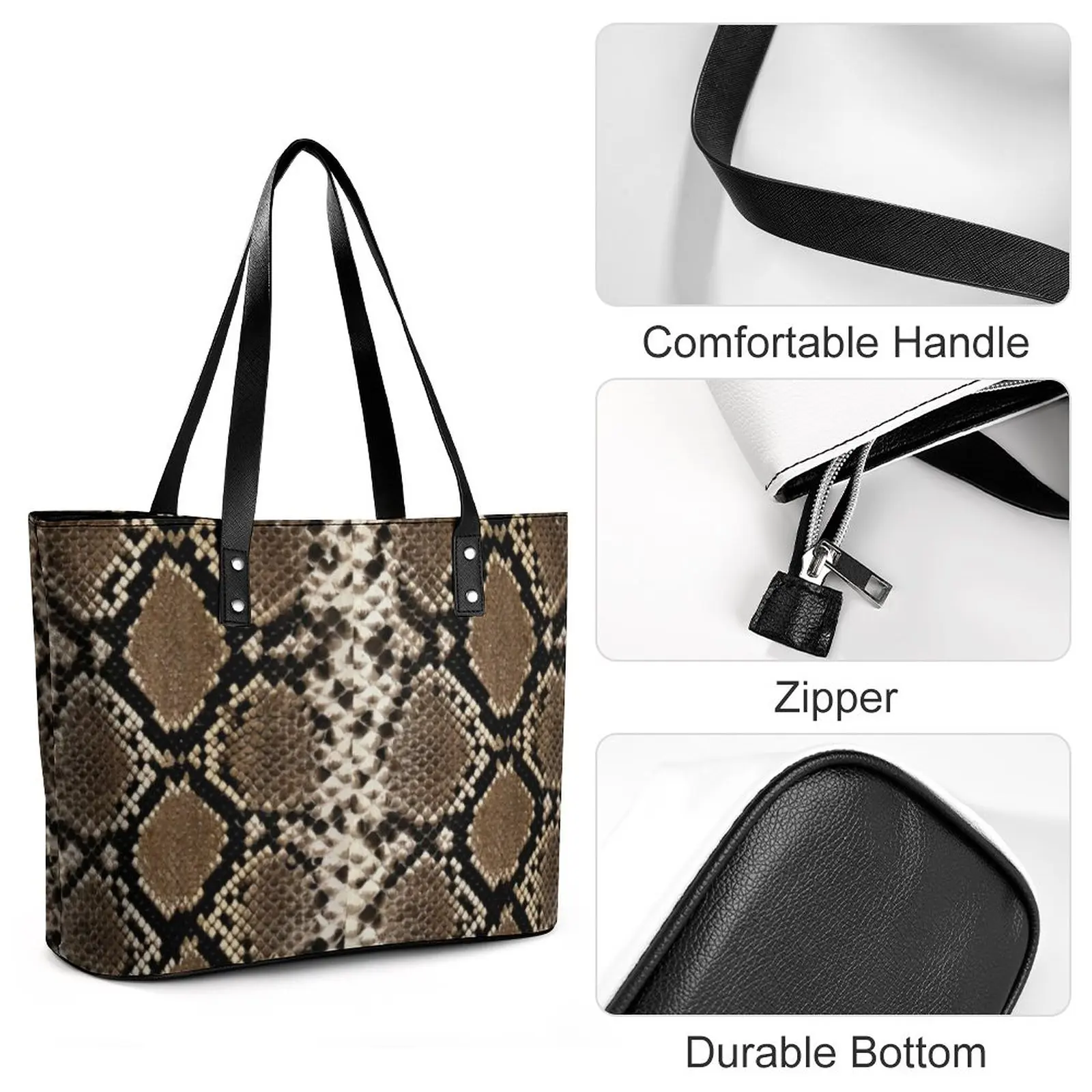 Black Snakeskin Handbags Snake Scale Print PU Leather Shoulder Bag Women Travel Print Tote Bag Handle Retro Beach Bags