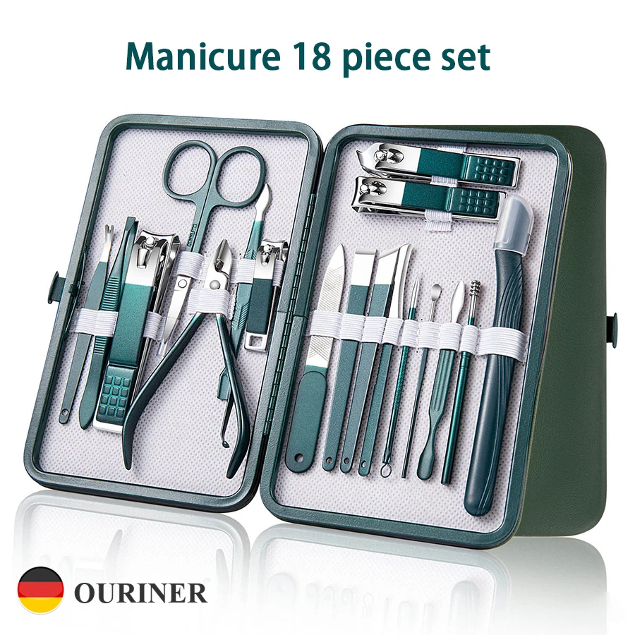 Kit de manucure professionnel en acier inoxydable, 18 pièces, outils de soins des ongles avec étui de voyage en cuir pour hommes et femmes