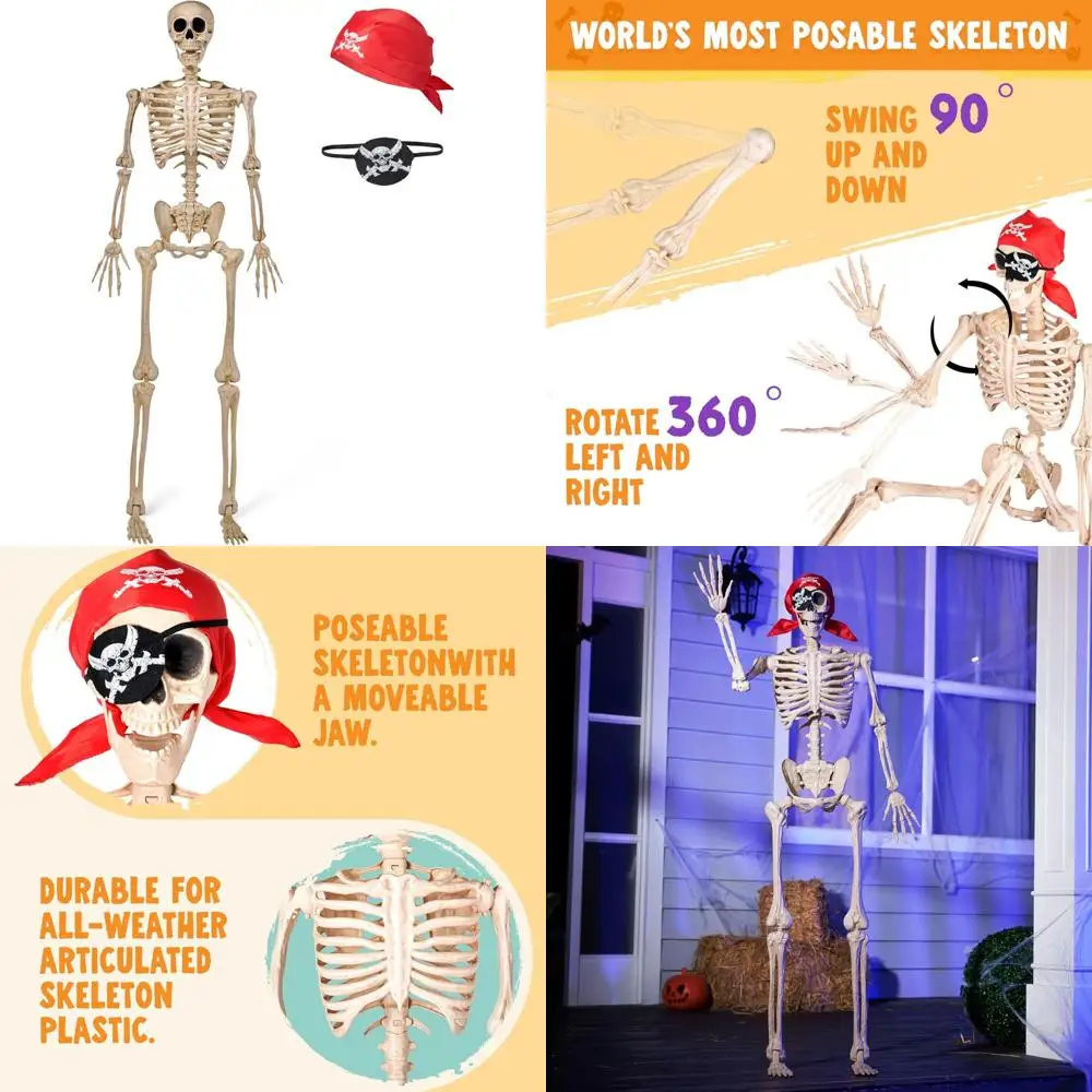 

Скелет на Хэллоуин в натуральную величину с подвижными суставами, пиратской тематикой, повязкой на глаз и банданой, все тело позитивное, идеально подходит для Хэллоуина