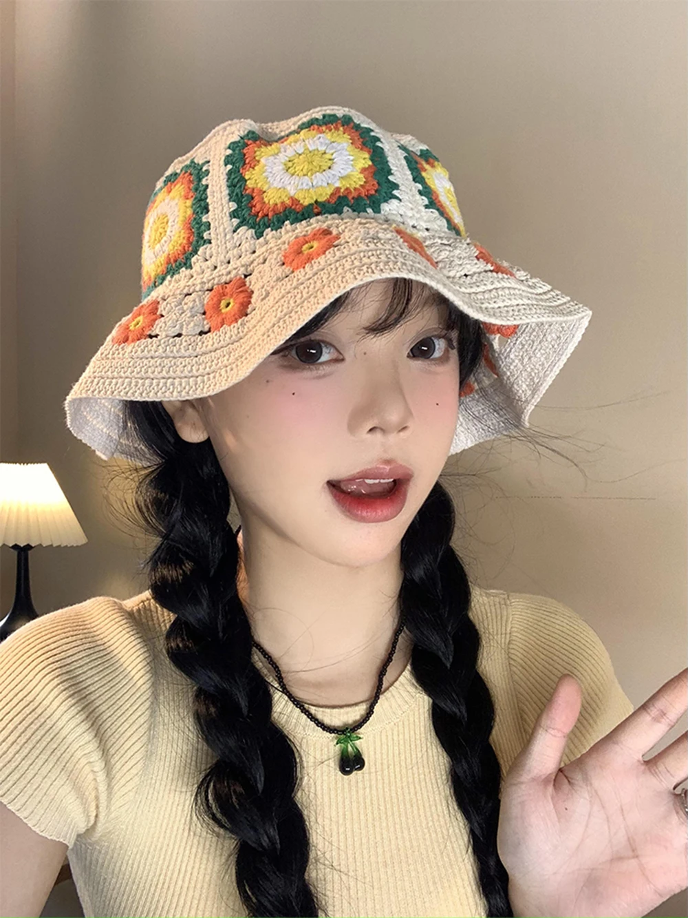 graceful Fashion Colorful Hook flower hat Hat Women\'s Autumn and Winter Cute Handmade Plush Hat Knitted Fisherman Bucket Hats