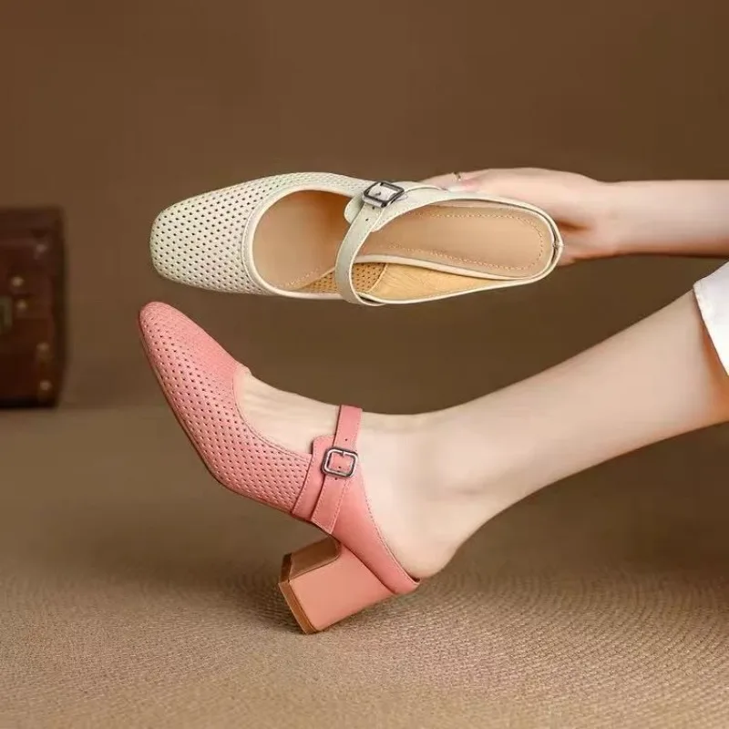 Fashion Soft Leather Block Heel Hollow-out Baotou Half Slippers Women's Summer Wear Square Toe Soft Sole Sandals