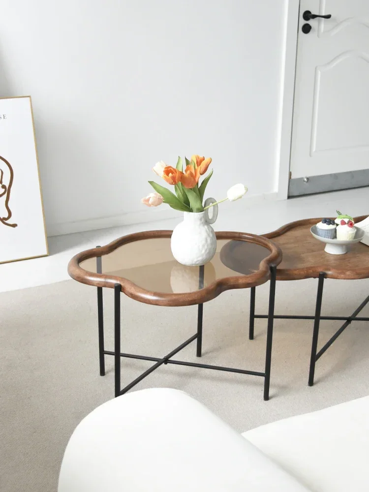 

-Walnut Colored Cloud Tea Table With Irregular Small Unit Design, Creative French Side Table, Retro And Simple Side Table Glass
