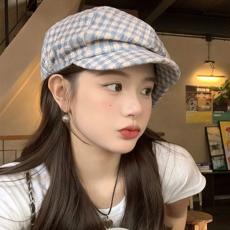 

Korean Version Large Version Plaid Cloud Beret Spring and Summer Retro Versatile Literary Fashion Sunshade Newsboy Cap for Women