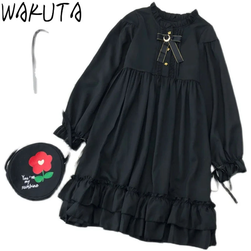 

WAKUTA Japanese Fashion Lolita Soft Girls Midi Dress Sweet Preppy Bow Ruffles O Neck Long Sleeve Black Dresss for Teens Vintage