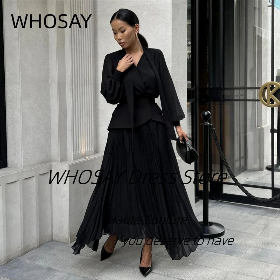 WHOSAY Office Lady Wear Two Pieces Black Dress Long Sleeves Evening Gowns Pleats Asymmetrical Vestidos Party Prom Dresses