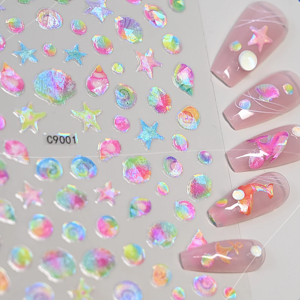 4/1pcs 5D Summer Sea Shell Starfish Nail Stickers Laser Shiny Embossed Starfish Dolphin Nails Decals DIY  Ocean Manicure Sticker