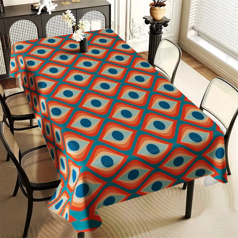 Retro Pop Style Rectangular Tablecloth - Vibrant Red and Blue Contrasting Irregular Rhombus Patchwork Polyester Tablecloth