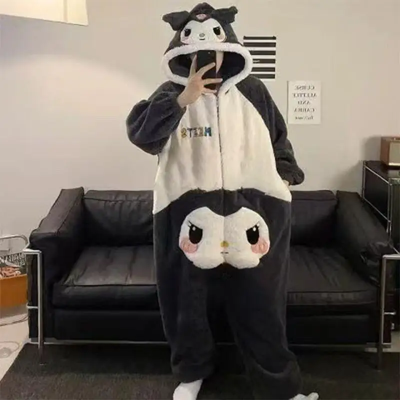 

Hot Anime Stitch Women Pajama Cartoon Kawaii Kuromi Hooded Sleepwear Fleece Hooded One-Piece Pajamas Pants Winter Warm Sleepwear