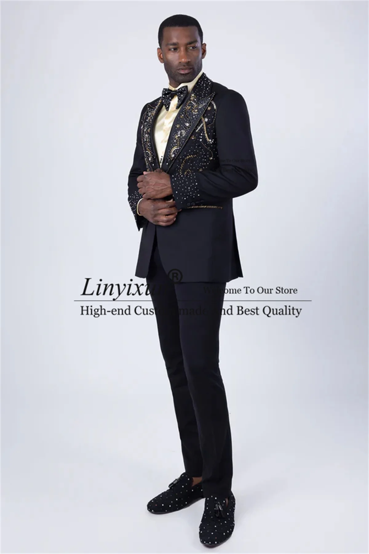 Luxury Black Crystal Groom Tuxedos Customized Men Suits For Wedding Male Prom Blazers Customized 2 Piece Sets trajes para hombre