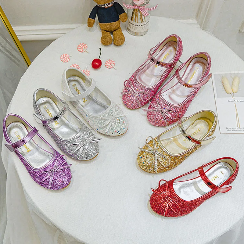 Spring Autumn Children New Bow Party Dance Shoes Kids Leather Shoes Sequin Summer Girls Sandals Girls Princess Shoes CSH1203