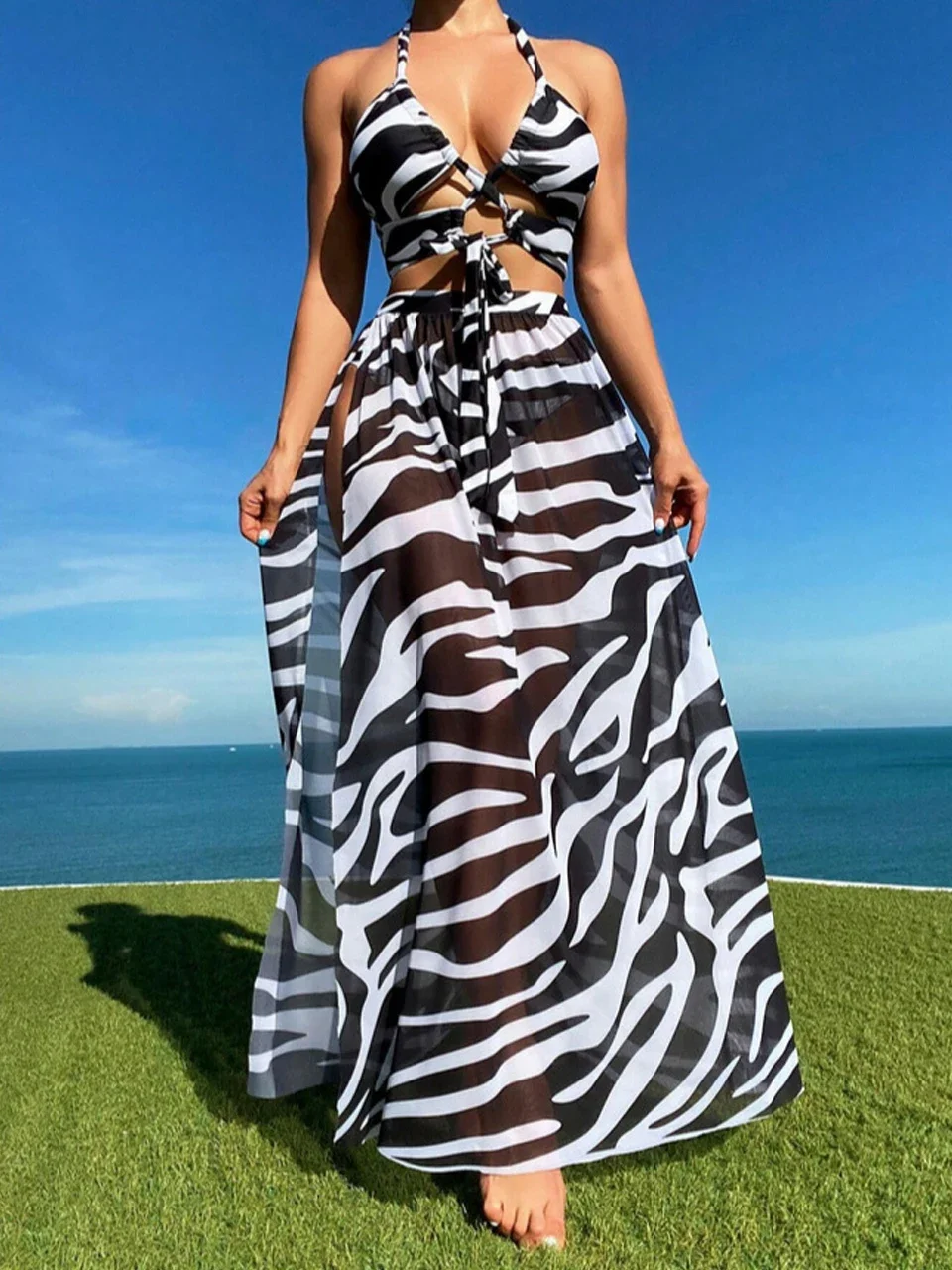 3 Pieces Halter Bikini 2024 Printed Swimsuit Women Beach Skirt Swimwear Female Bathers Bathing Swimming Suit Padded Beachwear