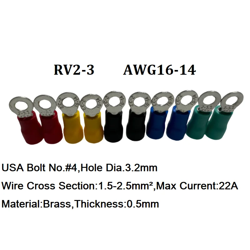 RV2-3 M3 Per 50Pcs Wire Insert 1.5-2.5mm² Crimp Terminal  AWG16-14 Insulated Ring Terminal Tubular Cable Lug Starfix Connector