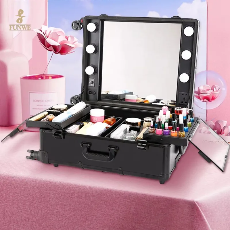 Newest Customized Nail Table Rolling Nail Polish Storage Case Salon Manicure Desk Aluminum Trolley Nail Technician Table