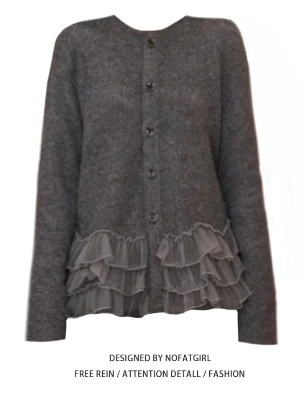 

Женский корейский ретро круглый вязаный открытый кардиган больших размеров с кружевной отделкой, осенне-зимний дизайнерский свитер, топ