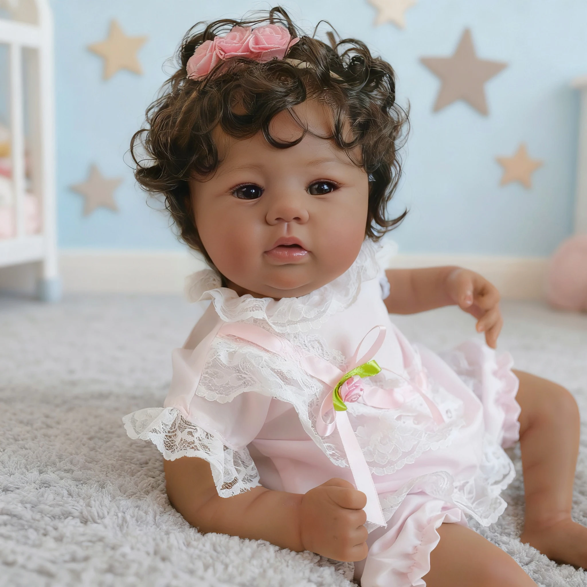 NPK Baby Doll rinato realistico da 18 pollici - Abigail Corpo morbido tono pelle scura con bambola da collezione con capelli radicati a mano