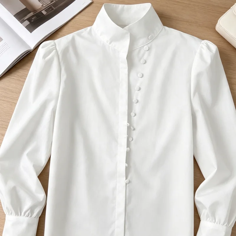 Office Lady Blouse Women’s Long Sleeve Shirt Stand-up Collar Office Top Regular Fit Buttoned Half Placket Blouse Color