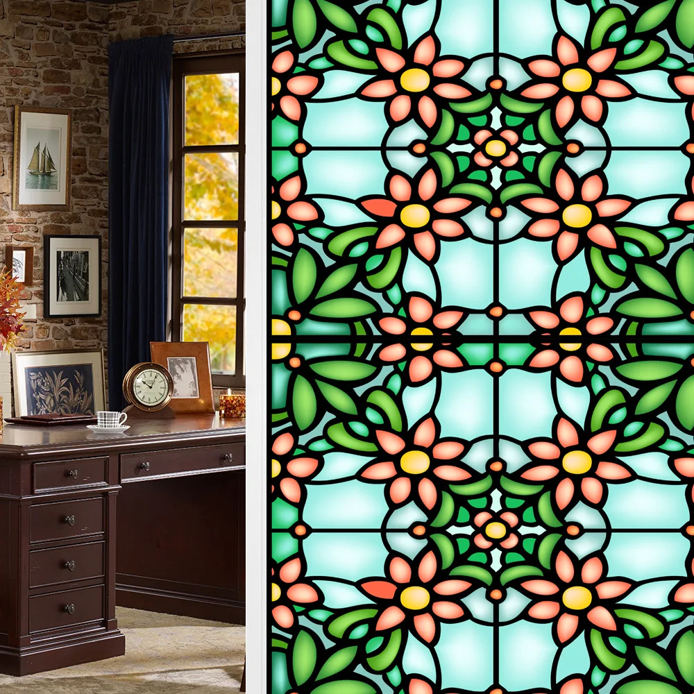 

Colorful Window Decorative Film UV Protection Heat Insulation Stained Glass Decals Static Cling Sticker Home Hotel Bar Market