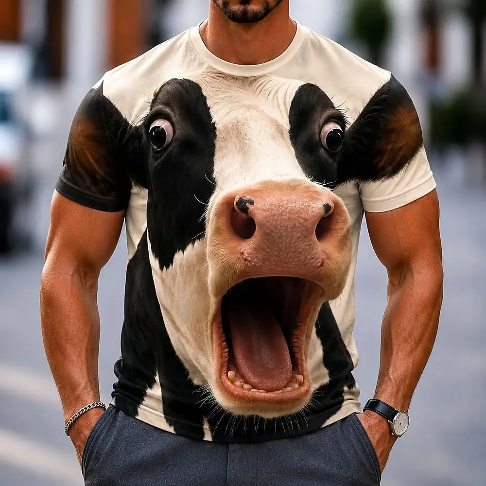 Funny Cartoon Cow 3D Print T‑Shirt for Men Surprise Expression Animal Graphic Short Sleeve Crew Neck Street Casual Humor Tops