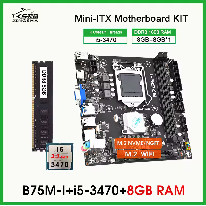 Комплект материнской платы B75 LGA 1155 с процессором i5 3470 и 1*8 ГБ оперативной памяти DDR3 1600 МГц для настольных компьютеров, NVME M.2+, Wi-Fi и M.2-интерфейсом mini ITX. Похожие на AliExpress