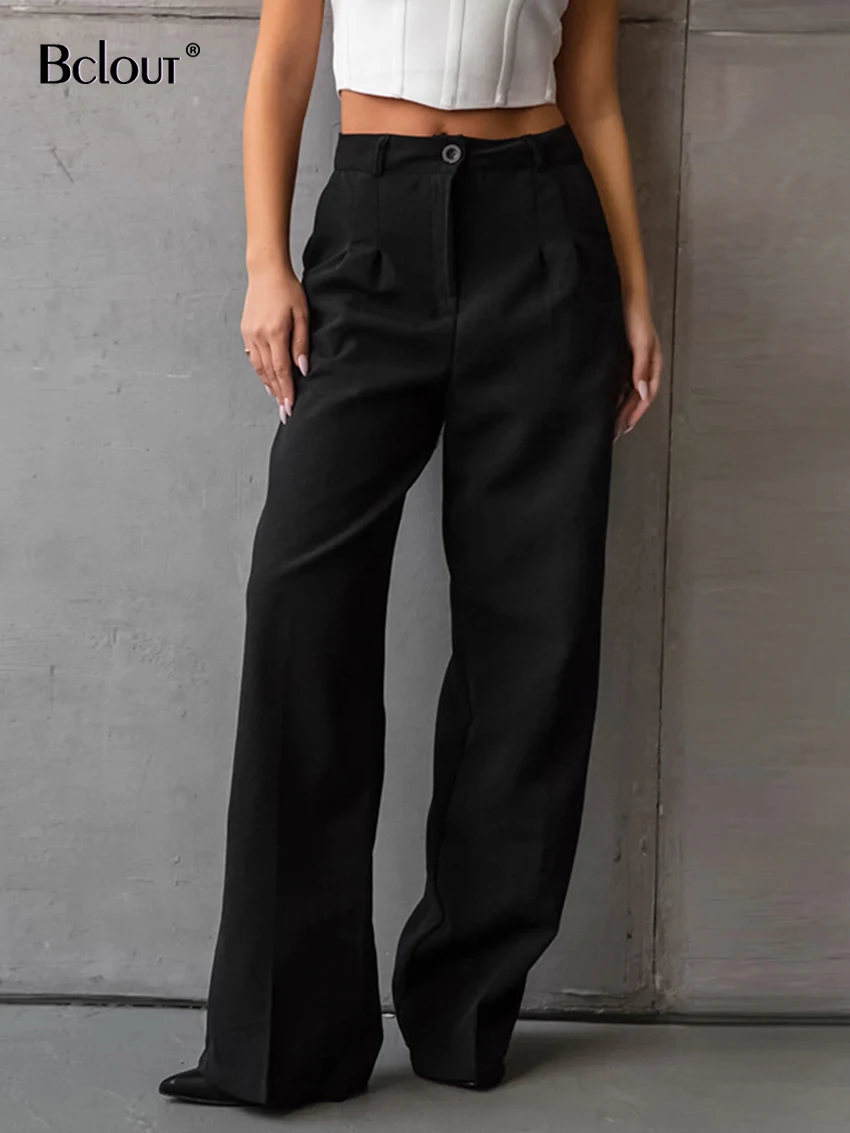 

Bclout Fashion Black Striaght Pants Women 2023 Elegant Office Lady Pleated Long Pants Autumn Solid Pockets Party Trousers Female