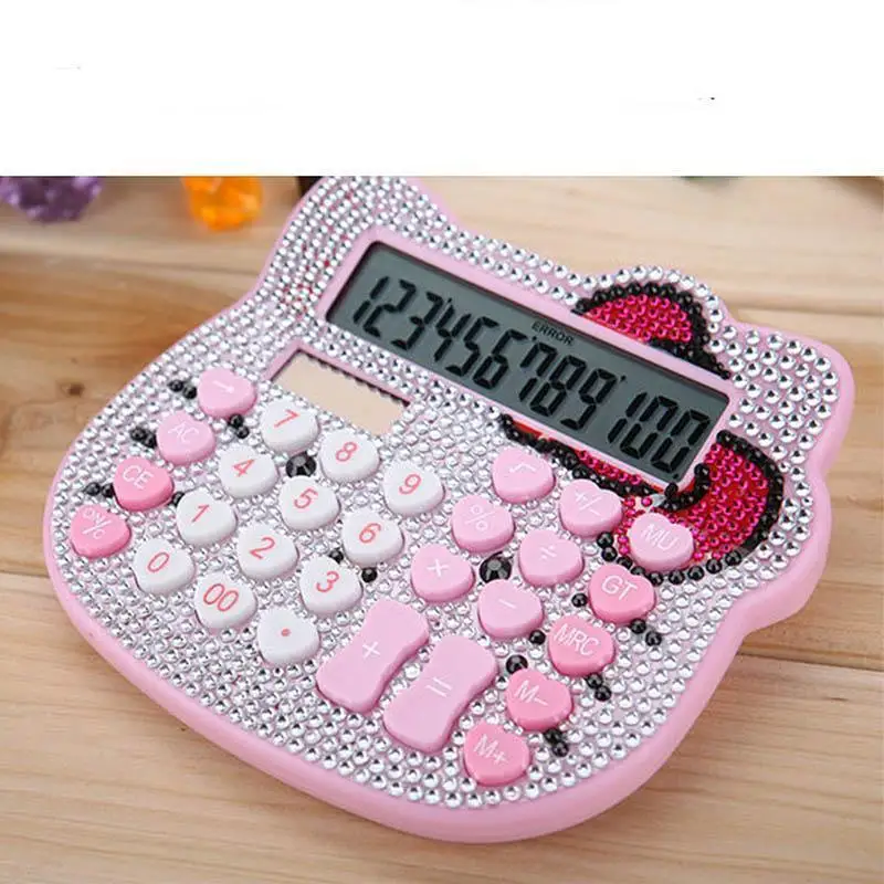 Sanrio Hello Kitty Calculator Crystal with Diamond Solar Energy Bow Tie Heart Button Diamond Durable Creativity Child Gift