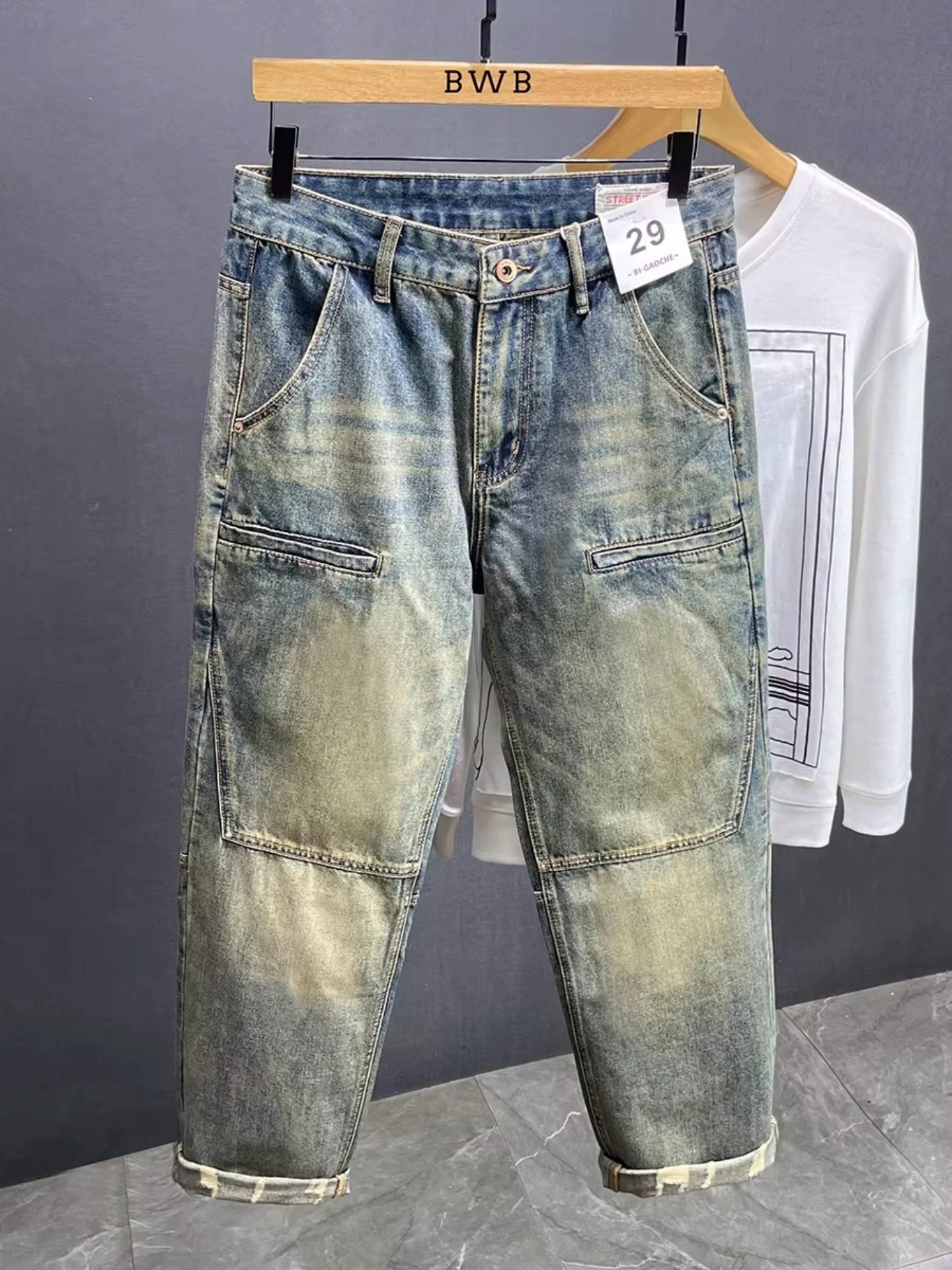 

Модные американские свободные повседневные мужские джинсы осенние, цвет грязи, рабочая одежда, широкие брюки, молодежные джинсы прямого кроя