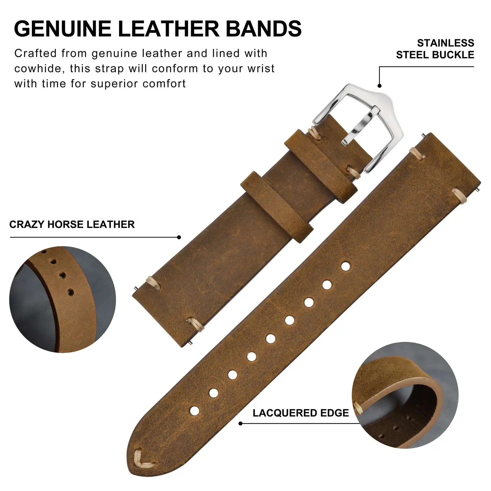 ANBEER Retro Style Leather Watch Strap 18mm 20mm 22mm Military Watch Strap for Men Suitable for traditional watches