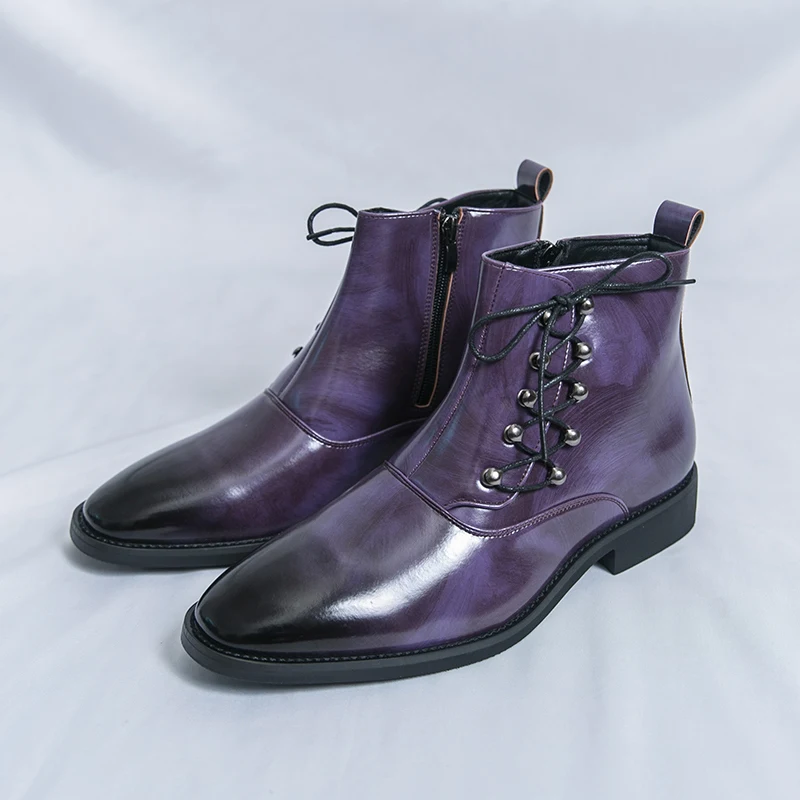 

Fashion Purple Chelsea Boot Man Size 38-46 Comfortable Pointed High Top Leather Shoes For Man Lace-Up Designer Men's Ankle Boots