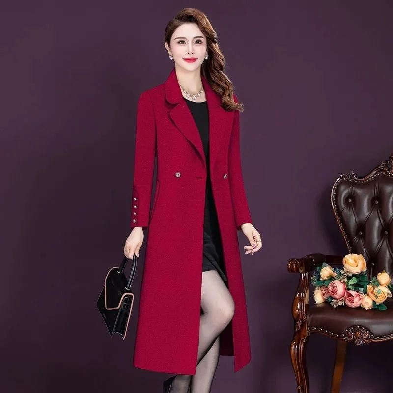영국 스타일 여성 울 코트 우아한 슈트 칼라 더블 브레스티드 허리 타이트 롱 울 카디건 미드-캘프 길이 카디건