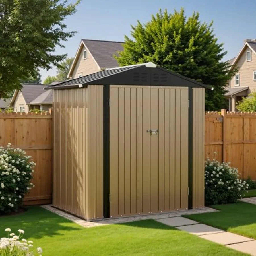 6x4FT Outdoor Storage Shed for Patio Storage, Galvanized Steel Utility Tool Shed in Brown with Secure Door Lock