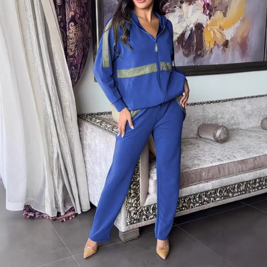 تقسم ​ ​ بنطلون مكتب ركاب البدلة النسائية سستة مقنعين سترة بأكمام طويلة وبنطلون الملابس قطعتين مجموعة الشتاء البدلة