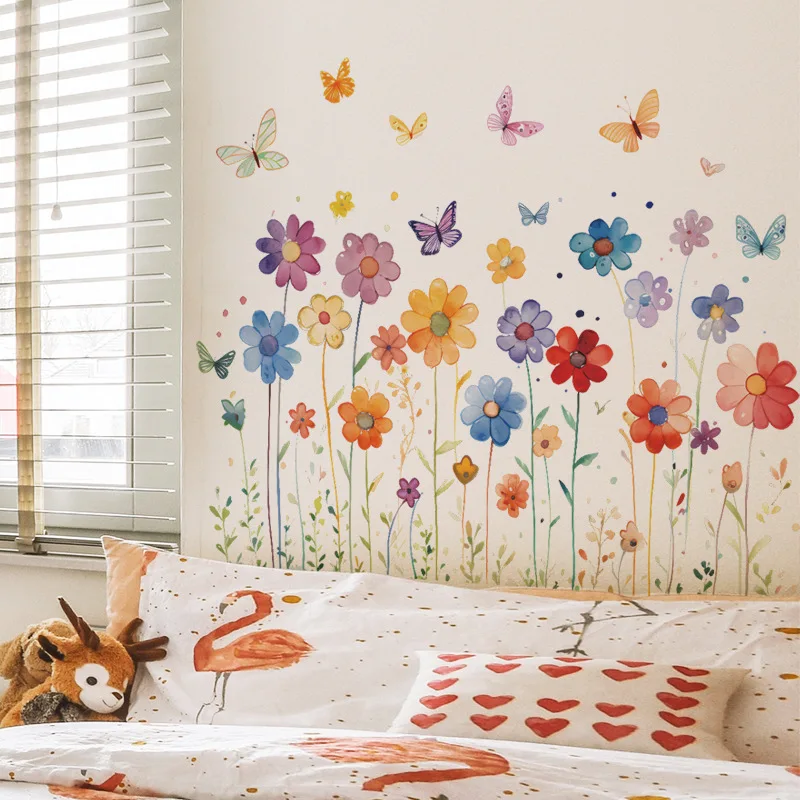 Cartoon Watercolor Flower Butterfly Wall Sticker For Living Room Background Decoration Mural Bedroom Decor Removable Home Decals
