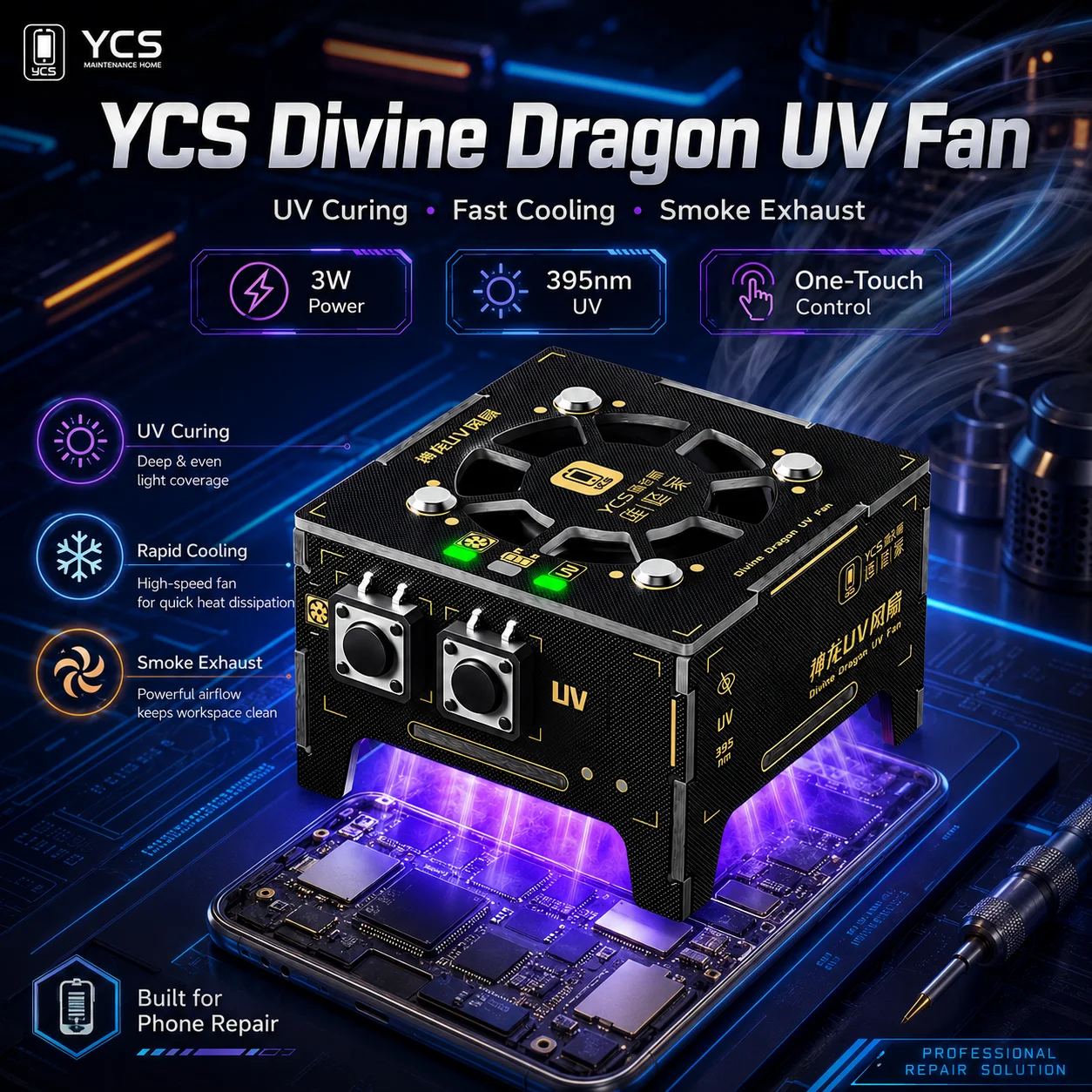YCS Divine Dragon UV Fan 3W 395nm UV Curing Cooling Smoke Exhaust Heat Dissipation Tool for Mobile Phone PCB Motherboard Repair