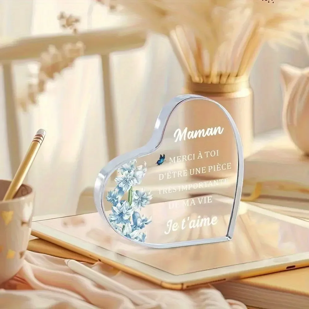 French Heart Acrylic Plaque Gift for Mom, Blue Hyacinth Butterfly French Quote Desk Decor