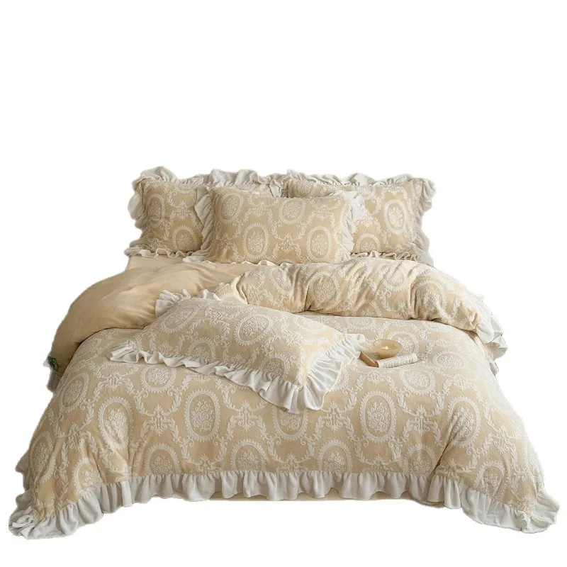 

Autumn and winter retro simple wind thickened milk fleece carved four-piece French lotus leaf lace bed sheet