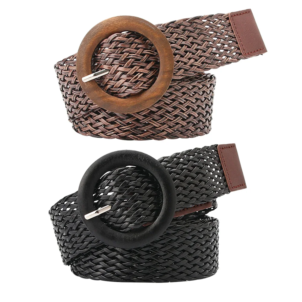 

2pcs Weaving Waist Belt For Women Ethnic Style Round Buckle Adjustable Belt Dresses Jeans Trousers Black Coffee